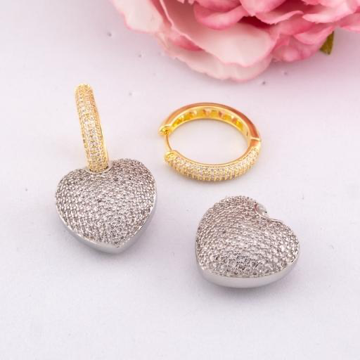 Aretes colgantes de corazon doble uso con zirconias baño 18k