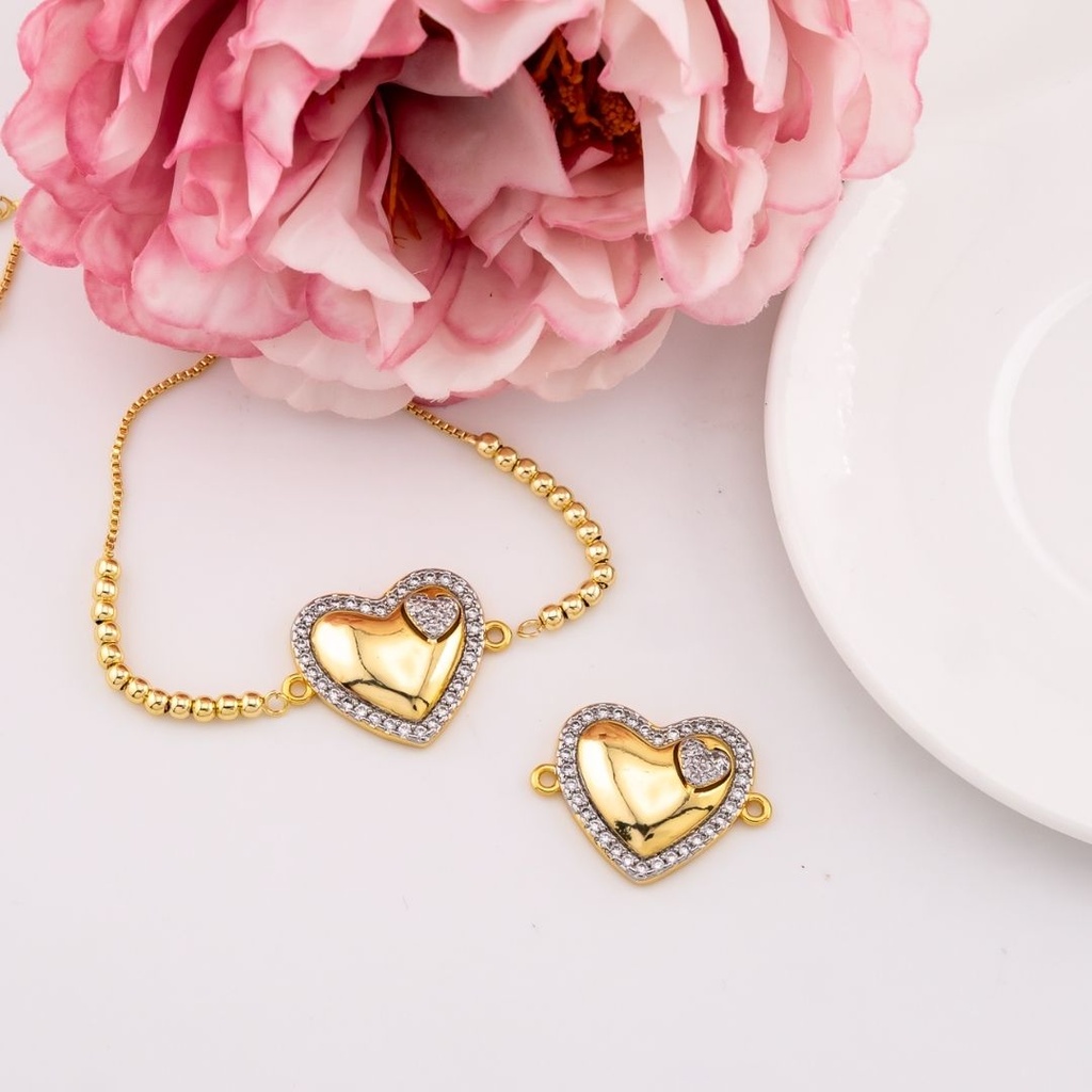 Enlace corazon doble tono con micropave baño 18k