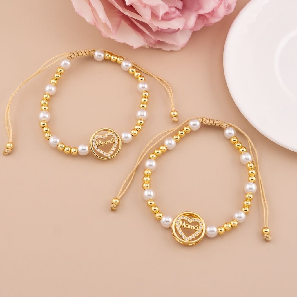 Pulsera ajustable de perlas con separador de Mama baño 18k