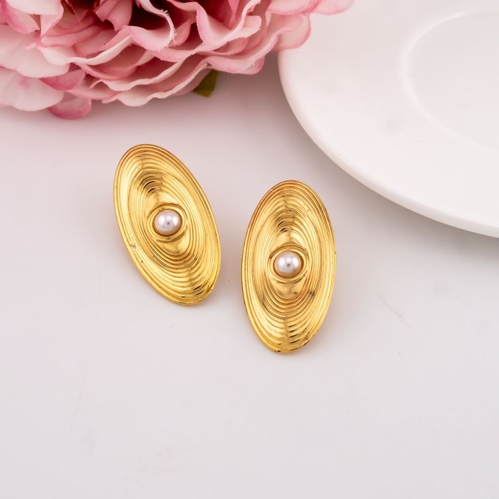 Aretes solidos ovalados con perlas acero inoxidable