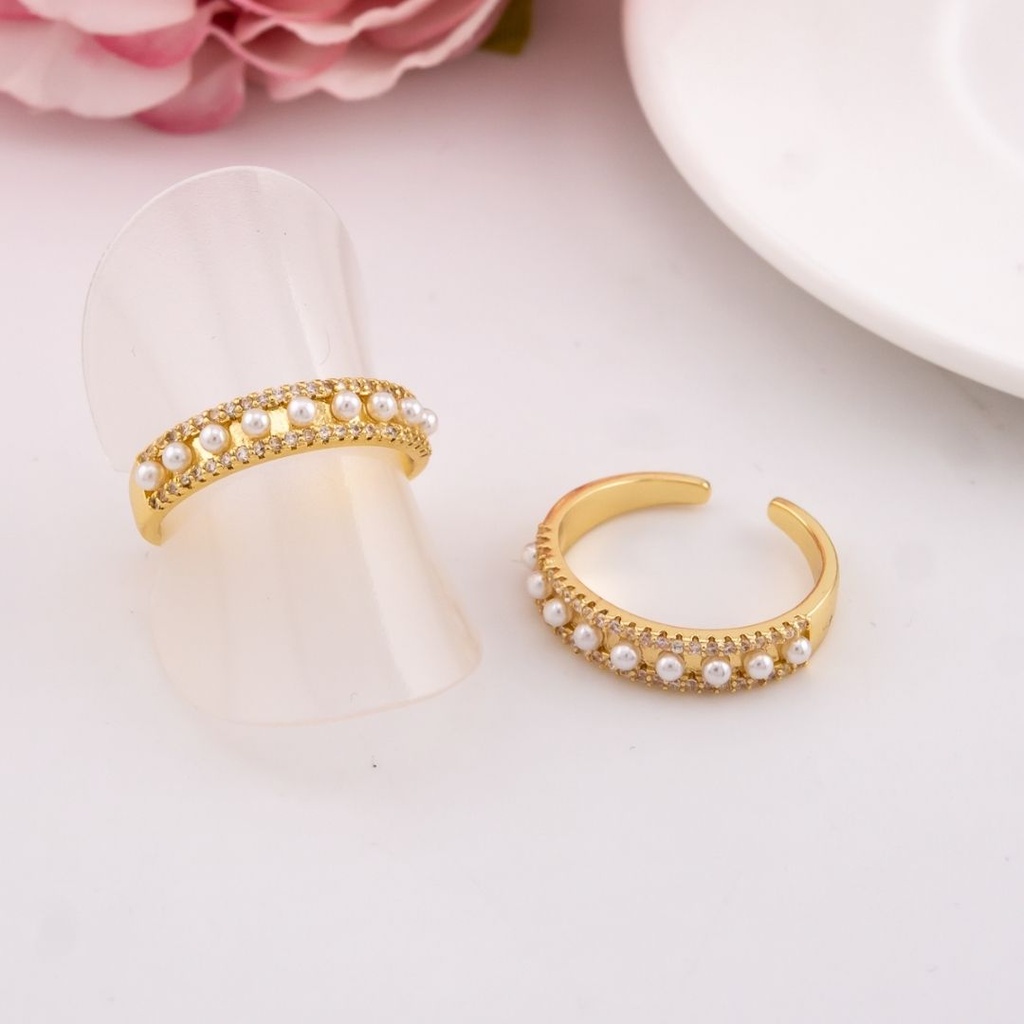 Anillo ajustable de perlas y zirconias baño 18k