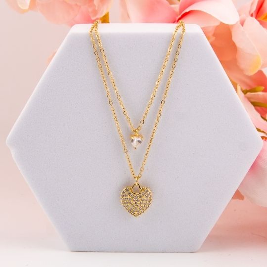Cadena de corazon doble con zirconias baño 18k