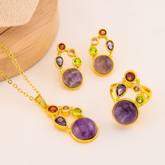 Set de 3 piezas con piedra natural y zirconias baño 18k