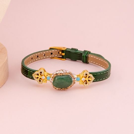 Pulsera de cuero con piedra semipreciosa baño 18k
