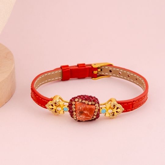 Pulsera de cuero con piedra semipreciosa baño 18k