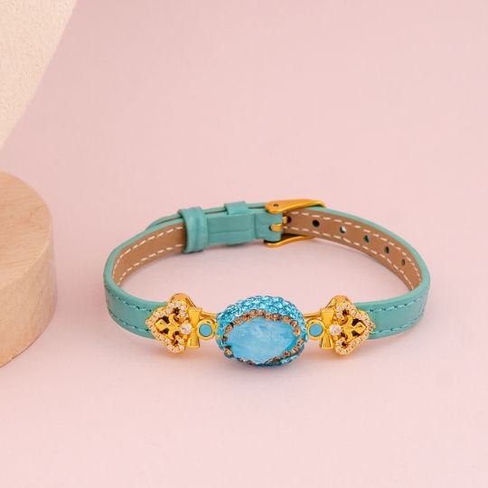 Pulsera de cuero con piedra semipreciosa baño 18k
