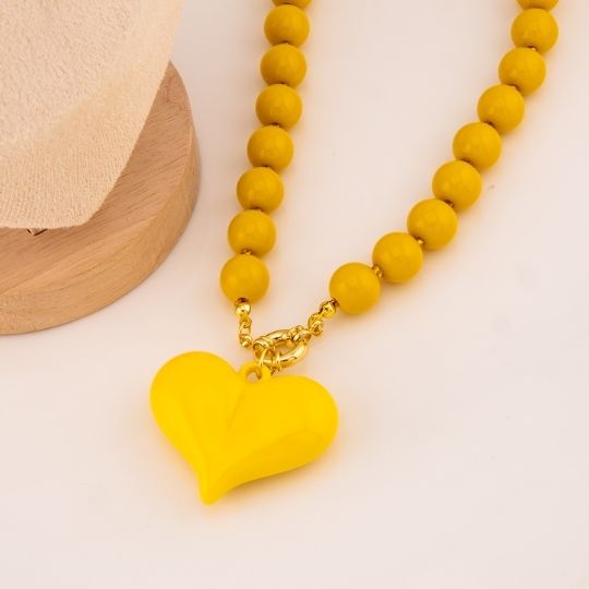 Collar bola chicle con colgante de corazon 14mm baño 18k