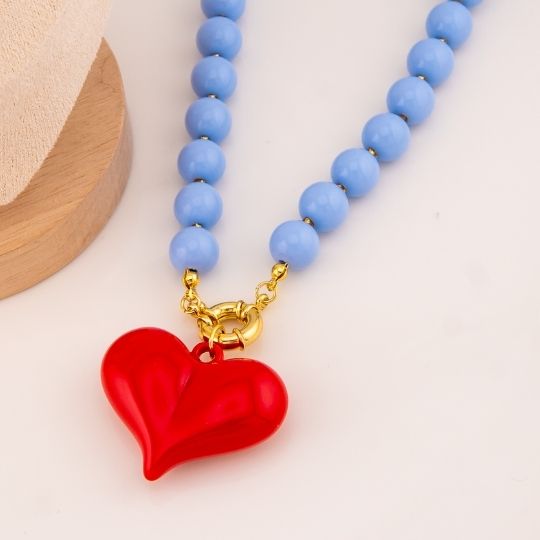 Collar bola chicle con colgante de corazon 14mm baño 18k
