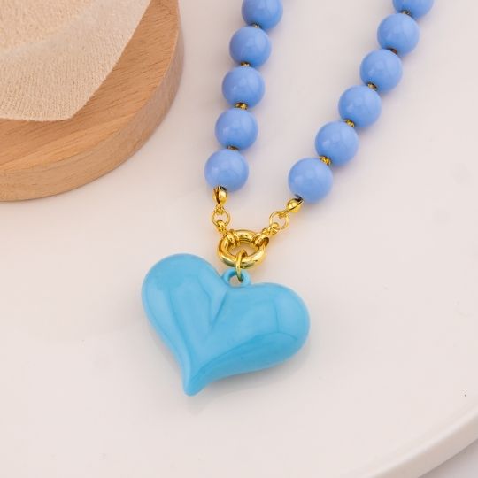 Collar bola chicle con colgante de corazon 14mm baño 18k
