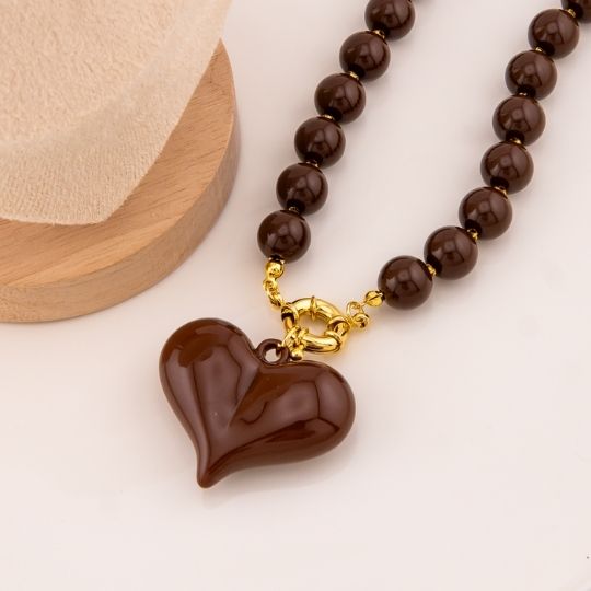 Collar bola chicle con colgante de corazon 14mm baño 18k