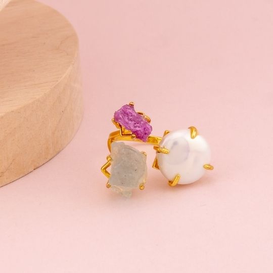 Anillo ajustable con piedras semipreciosas baño 18k