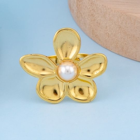 Anillo ajustable de flor con perla en acero inoxidable