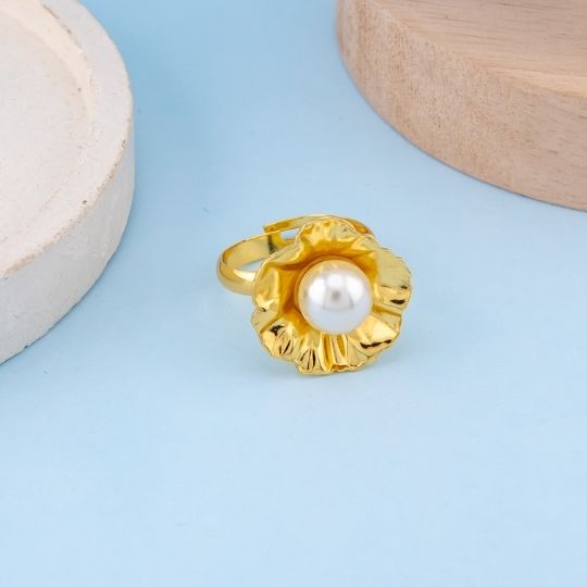 Anillo ajustable de flor con perla en acero inoxidable