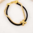 Pulsera doble layer con cuero trenzado negro baño 18k